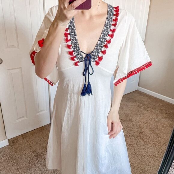 Zara Boho Pom Pom Tassel Midi Dress White S - Picture 3 of 15